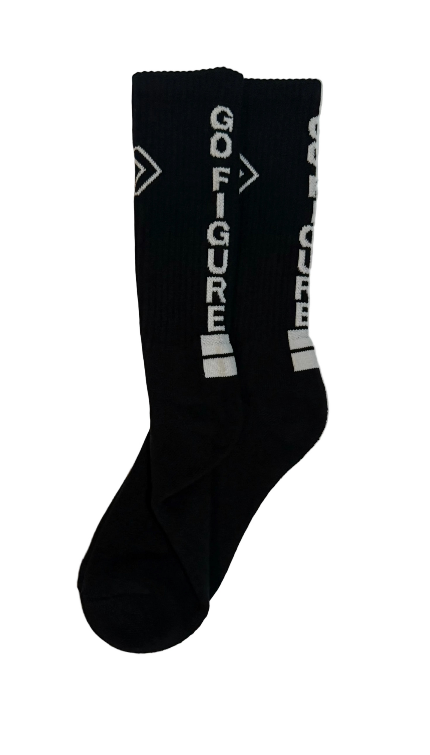 Black socks with 'GO FIGURE' text on a white background